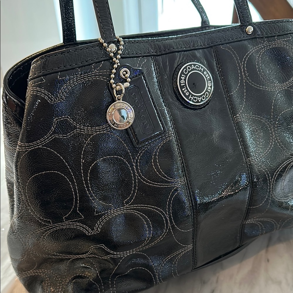 Coach Black Leather Tote Bag Patent Leather Shoulder Monogram purse CC